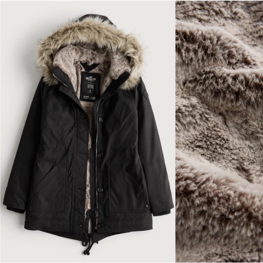 Hollister Black Coat with Faux Fur Hood